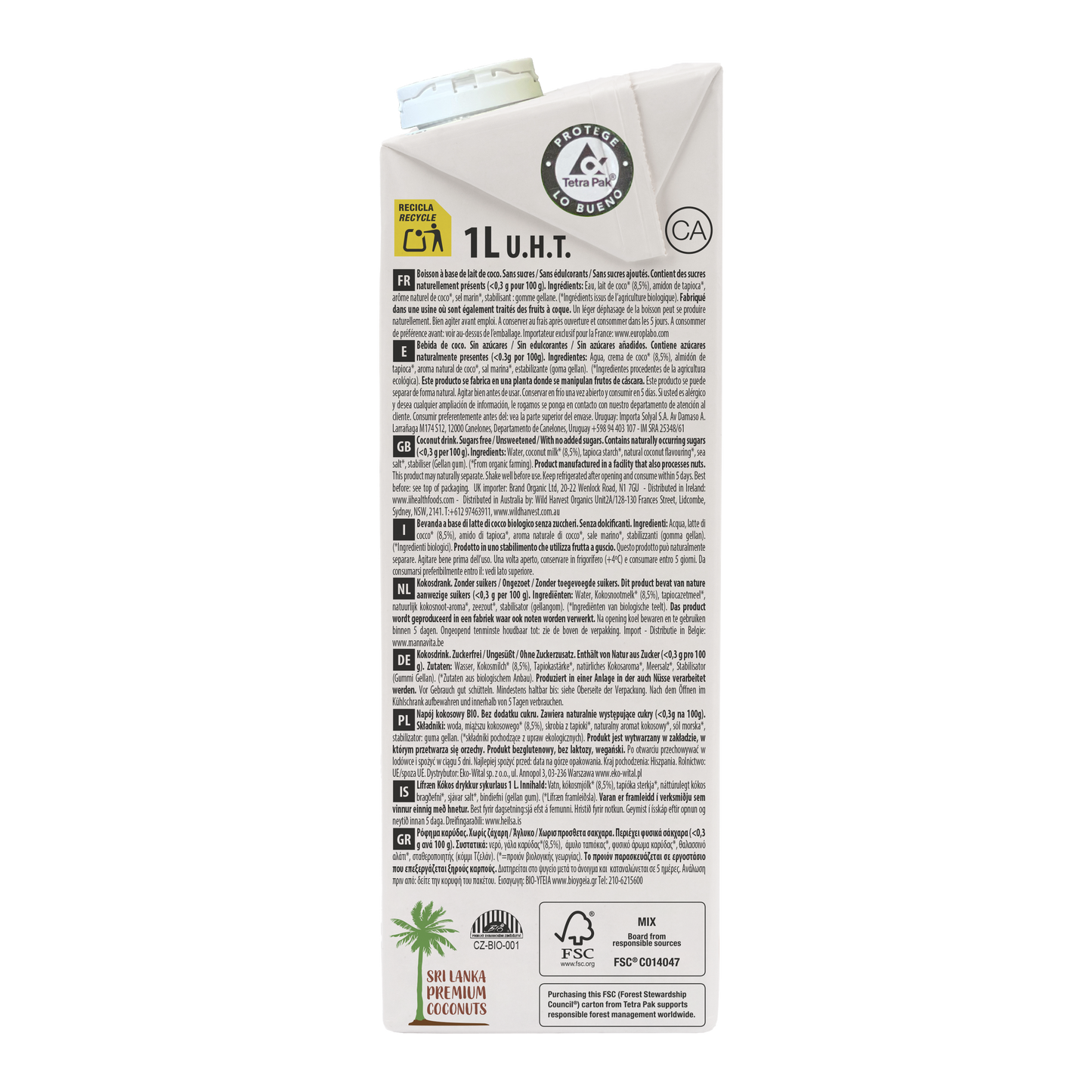 Pack 6x Bebida de Coco Ecológica Nature 1l Ecomil