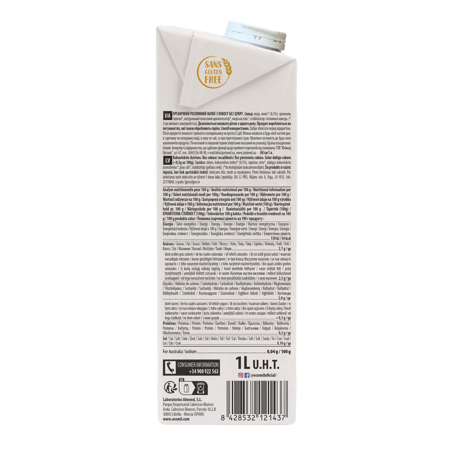 Pack 6x Bebida de Coco Ecológica Nature 1l Ecomil