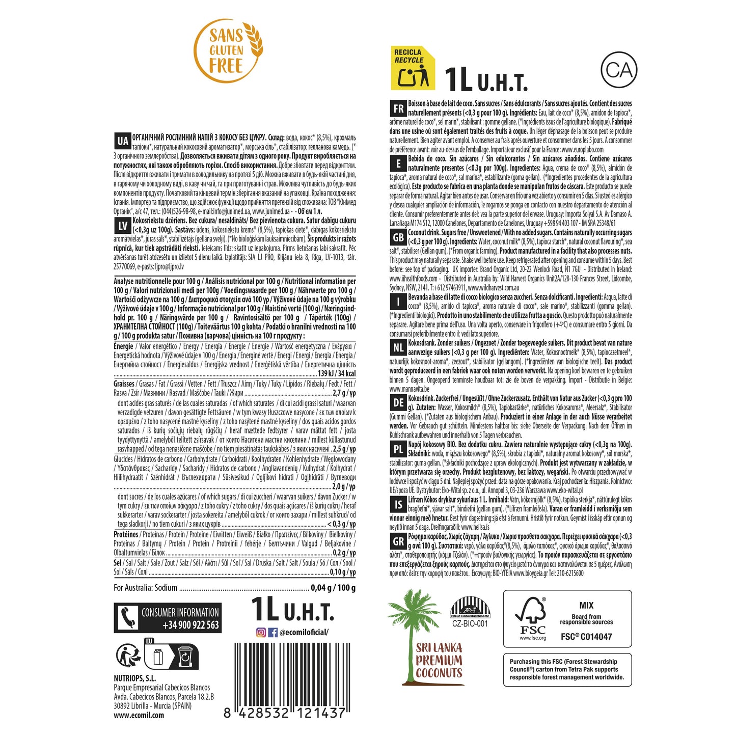 Pack 6x Bebida de Coco Ecológica Nature 1l Ecomil