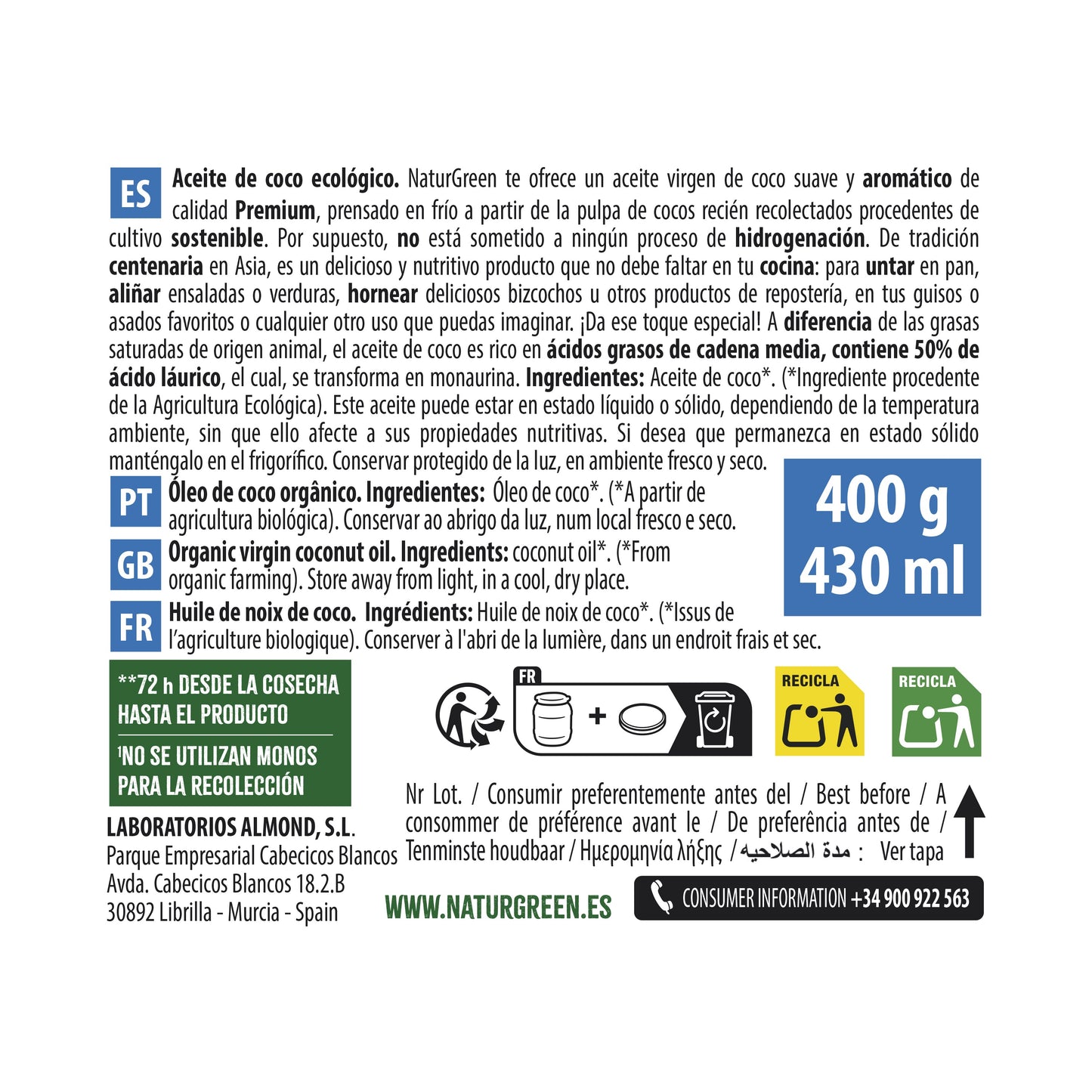 Aceite de Coco Virgen Ecológico 430 ml NaturGreen