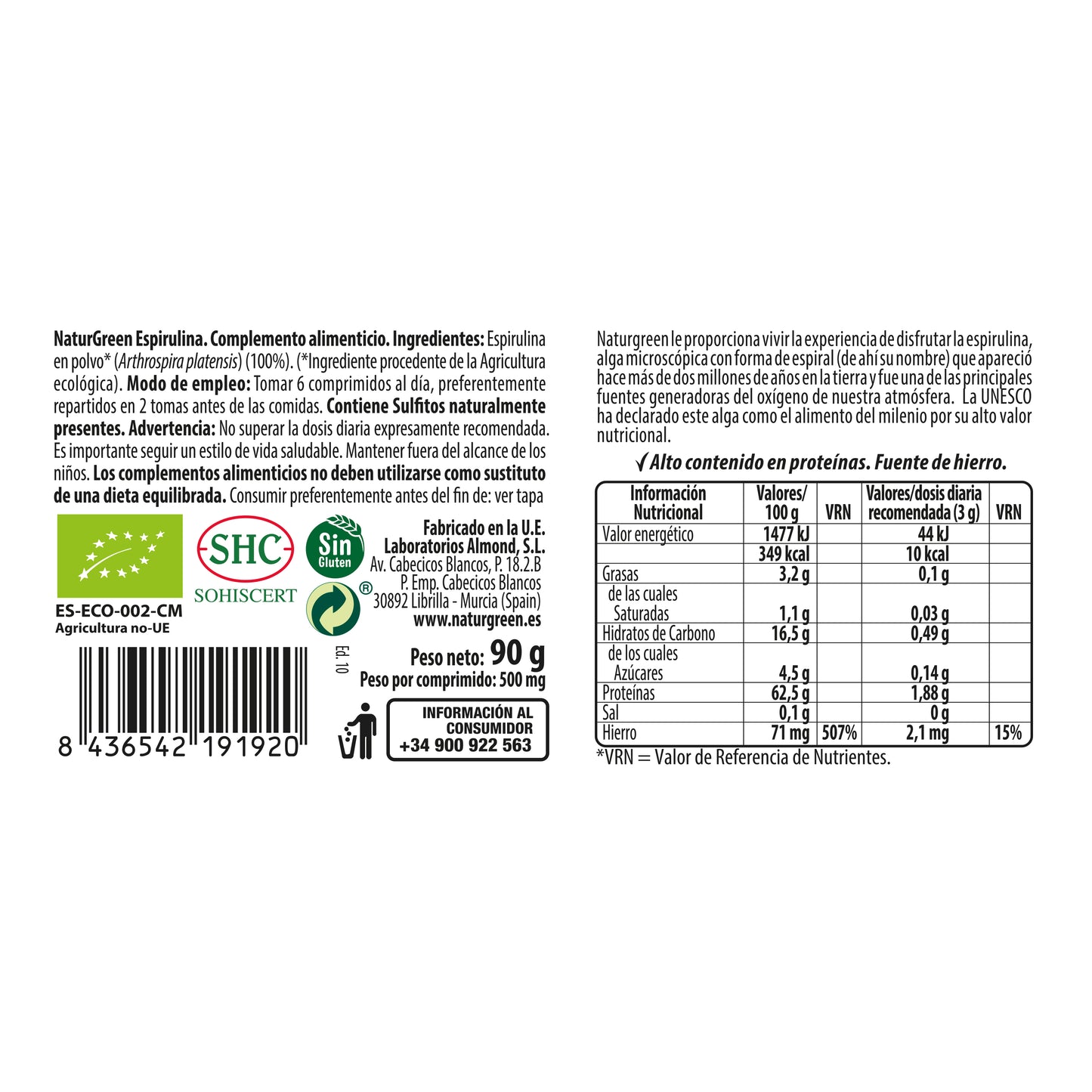 Espirulina Ecológica 180 comprimidos NaturGreen