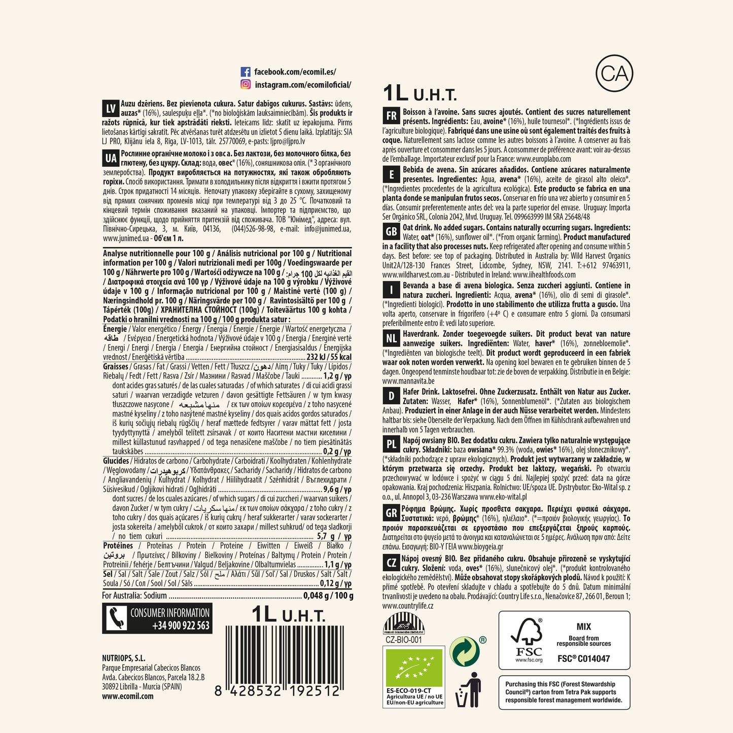 Bebida de Avena Bio Nature 1L Ecomil