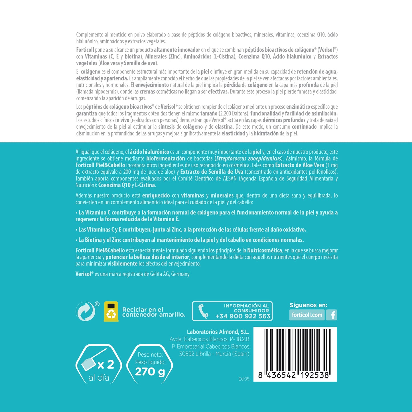 Colágeno BioActivo Piel y Cabello 270 g Forticoll