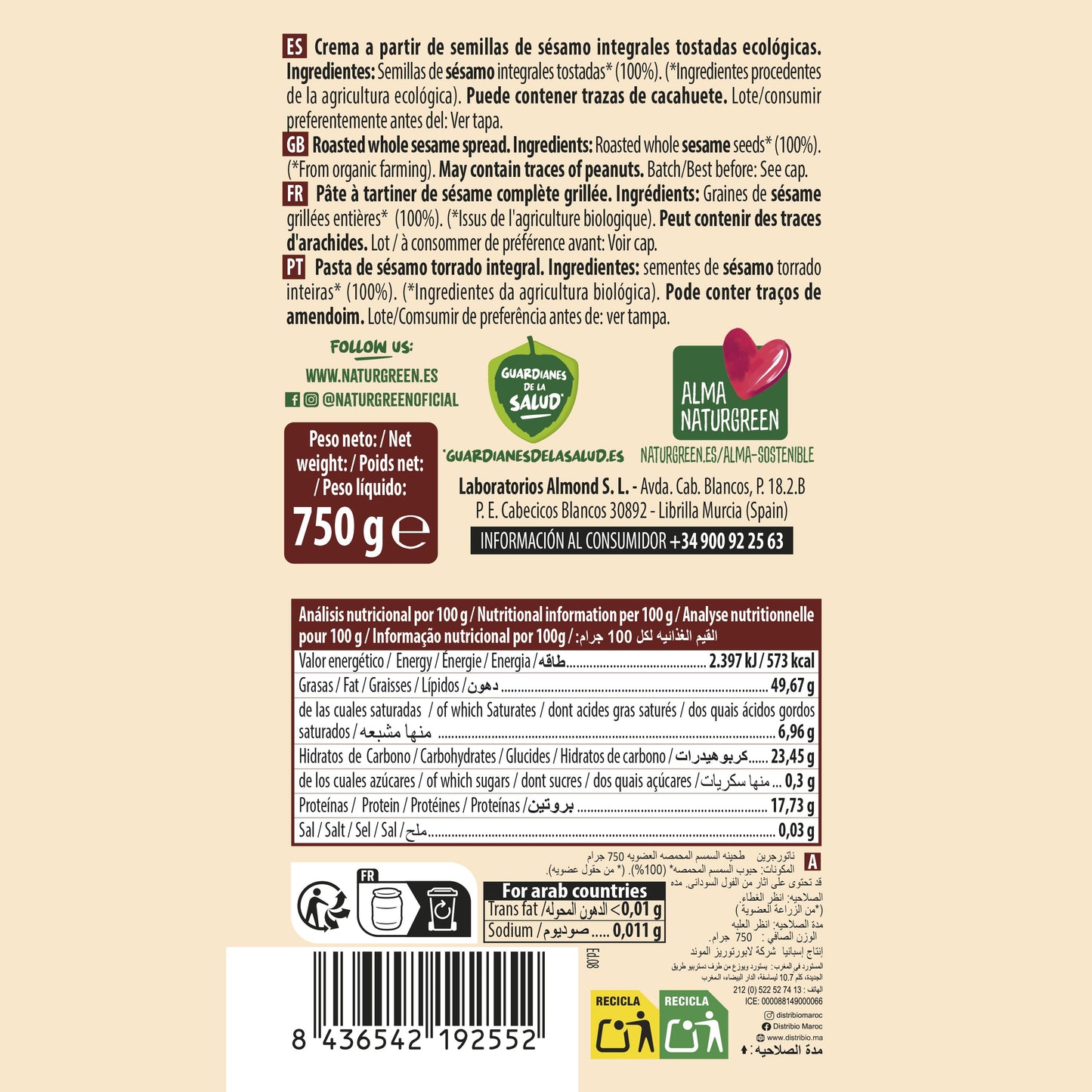 Tahín de Sésamo Tostado Ecológico 750g NaturGreen