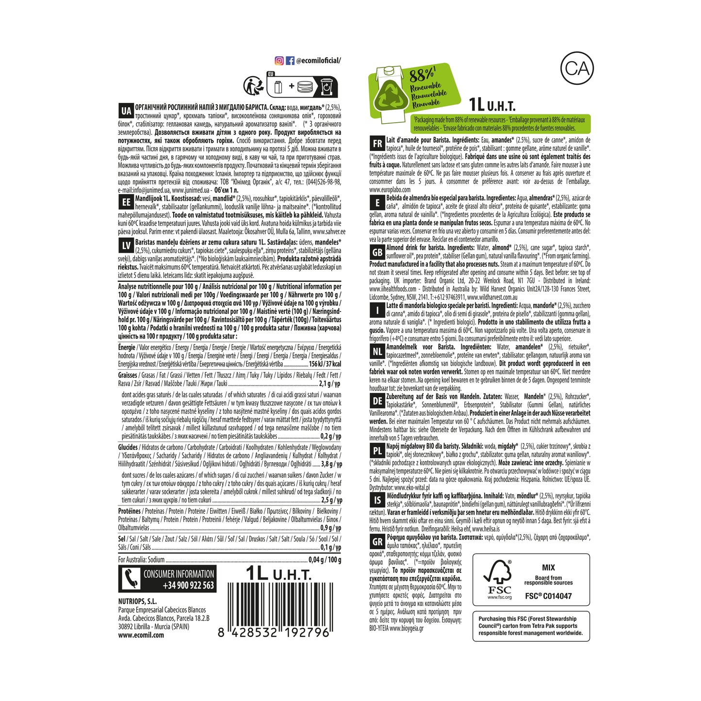 Bebida de Almendra Bio Barista 1L Ecomil