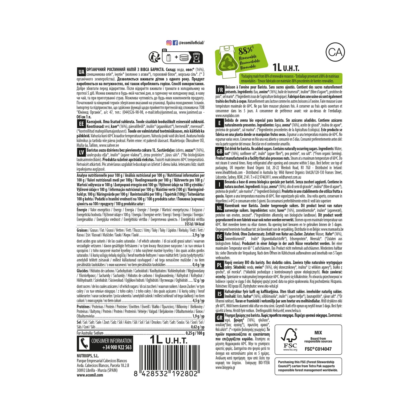Bebida de Avena Bio Barista 1L Ecomil