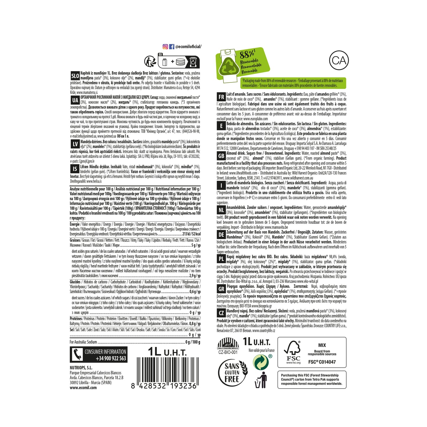 Bebida de Almendra Keto Bio 1L Ecomil