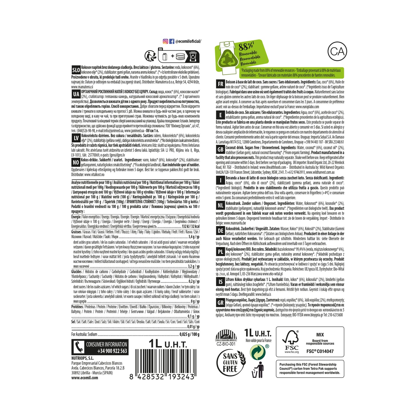 Bebida de Coco Keto Bio 1L Ecomil