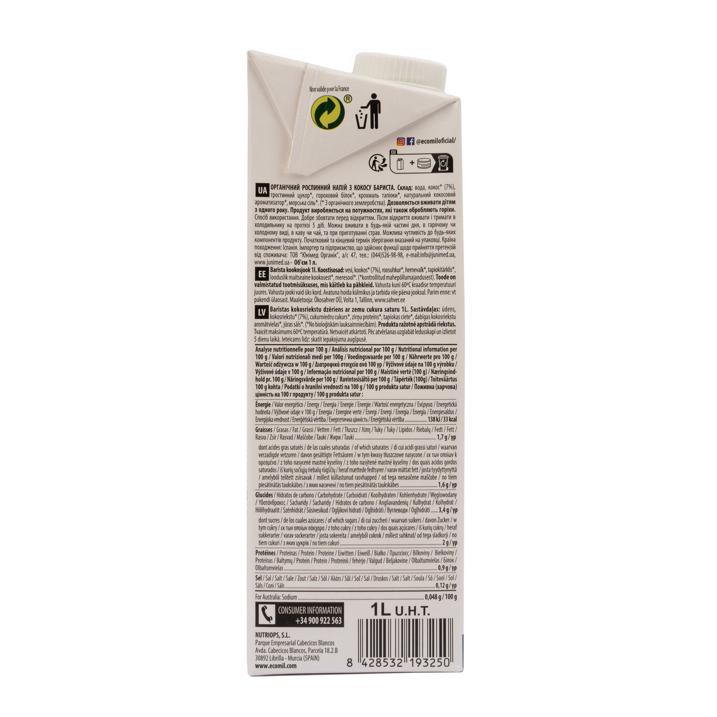 Pack 6x Ecomil Barista Coconut Bio 1 L