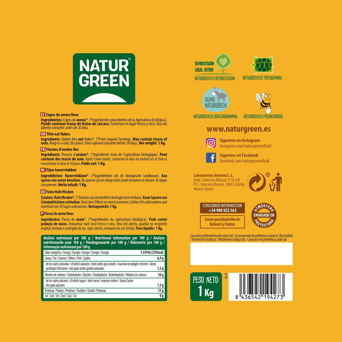 Copos de Avena Finos Bio 1kg NaturGreen