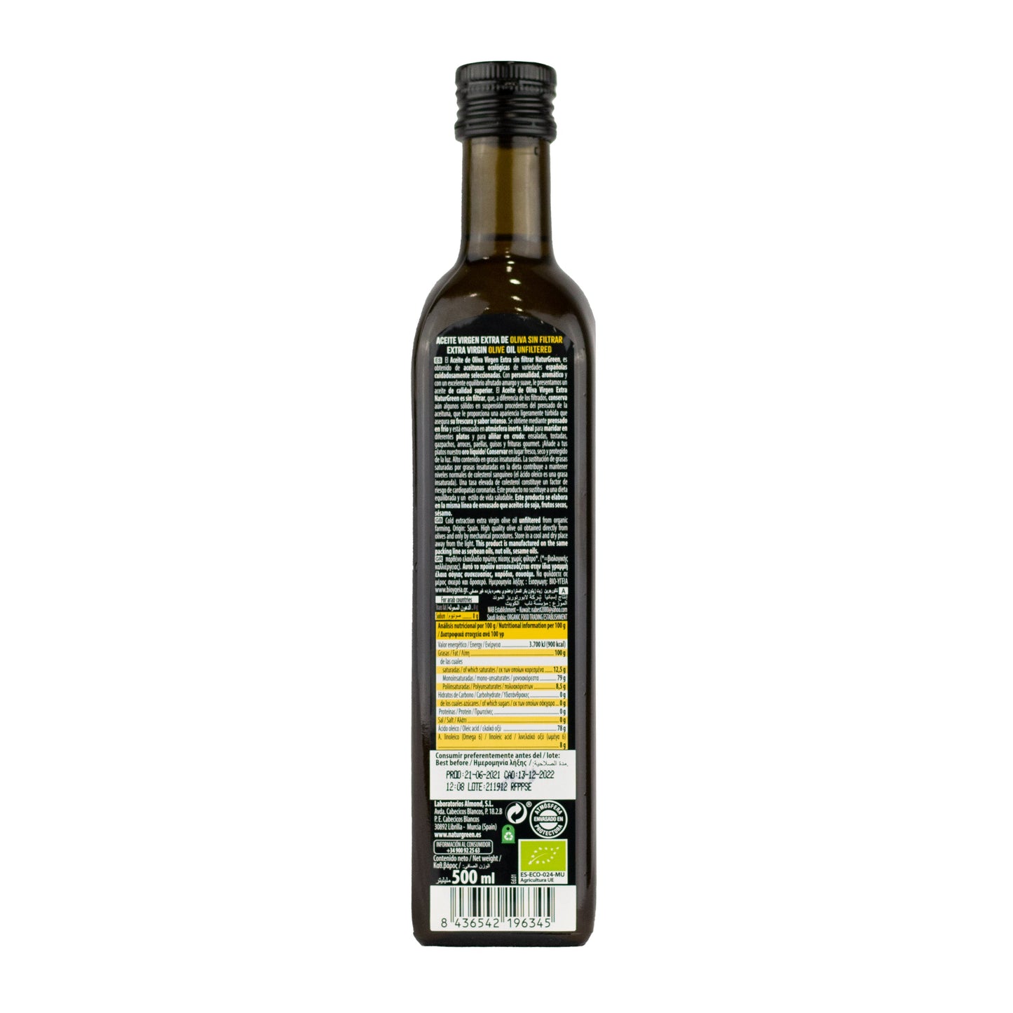 Pack 6x Aceite de Oliva Virgen Extra Sin Filtrar Bio 500 ml NaturGreen