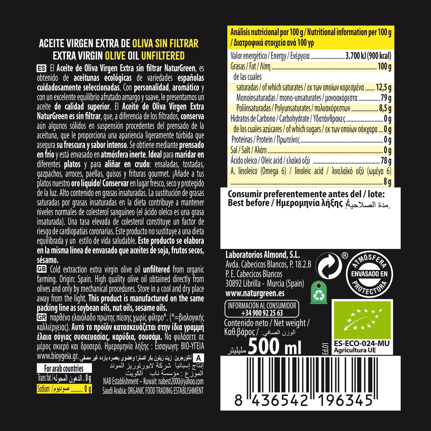 Pack 6x Aceite de Oliva Virgen Extra Sin Filtrar Bio 500 ml NaturGreen