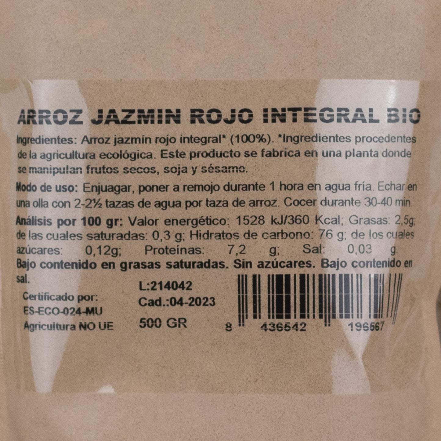 Pack 10x Arroz Jazmín Rojo Integral Bio 500g NaturGreen