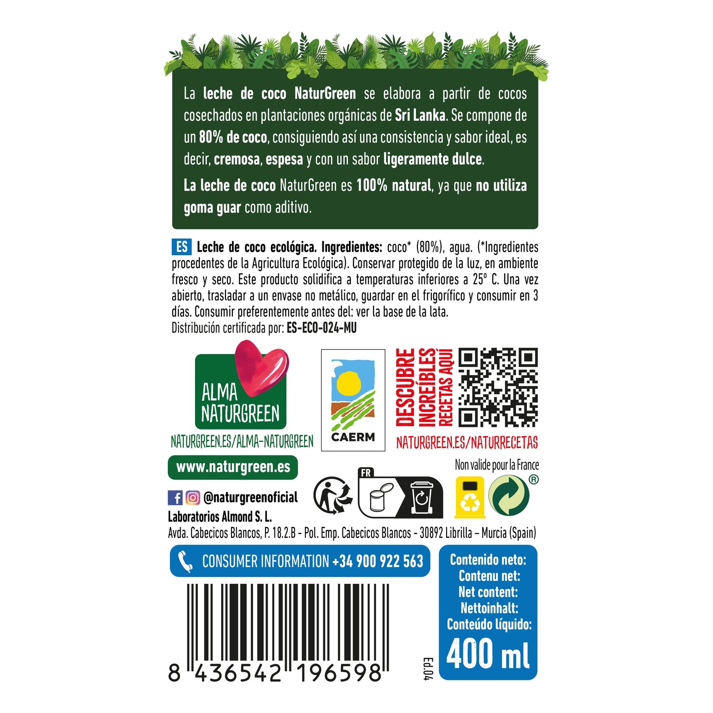 Pack 6x NaturGreen Leche de Coco 400 g / 400 ml