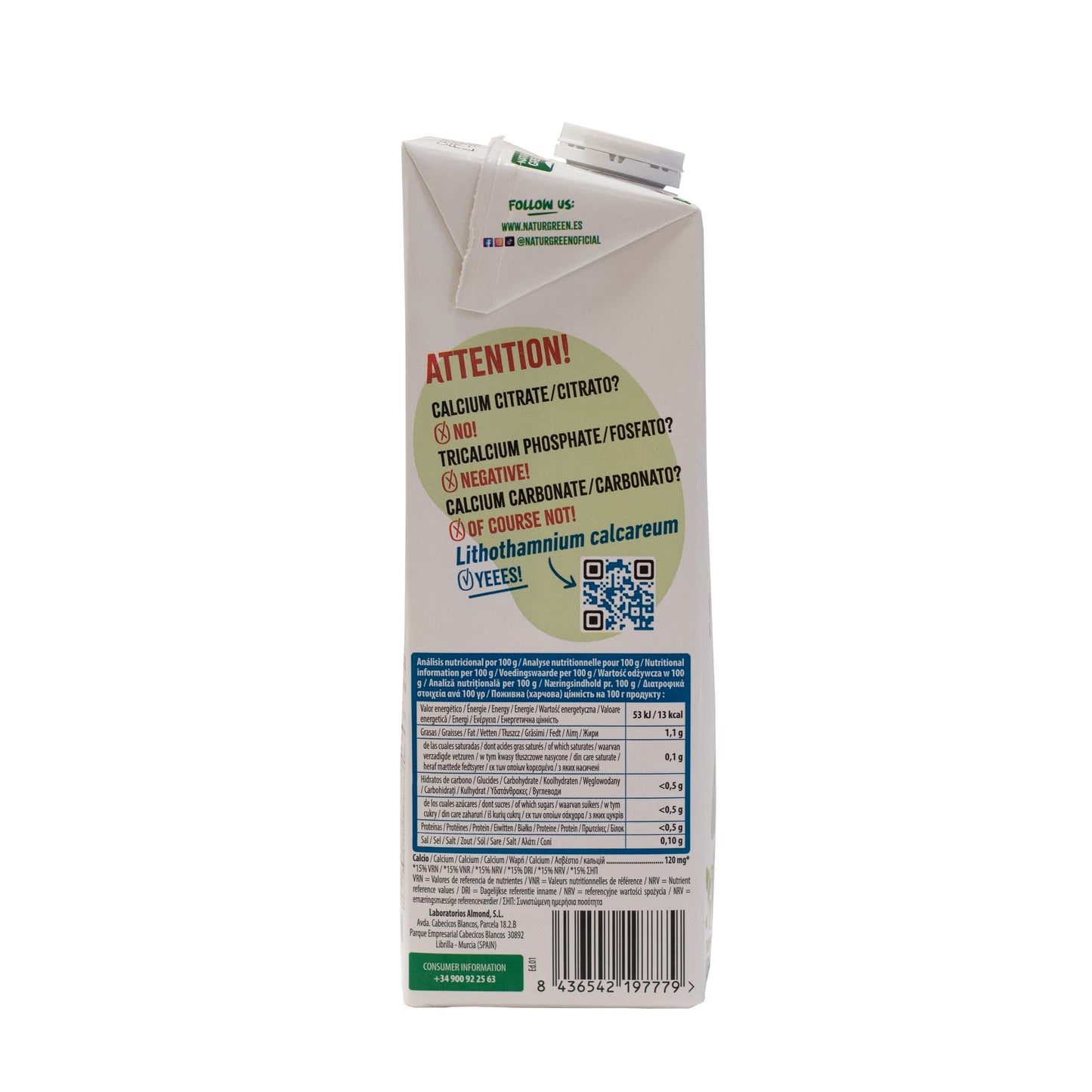Pack 6x Bebida de Almendra Sin Azúcar con Calcio 1L NaturGreen