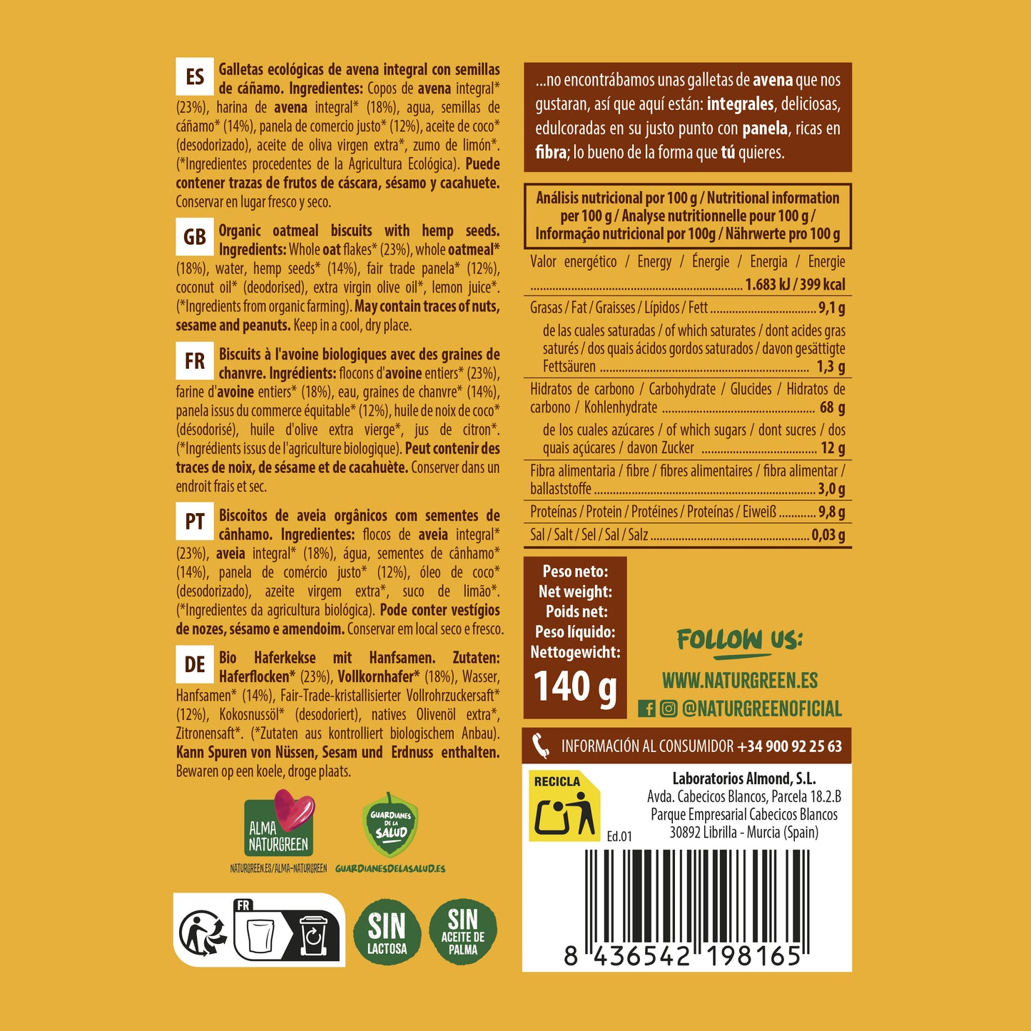 Galleta de Avena Integral con Cáñamo Bio 140g NaturGreen