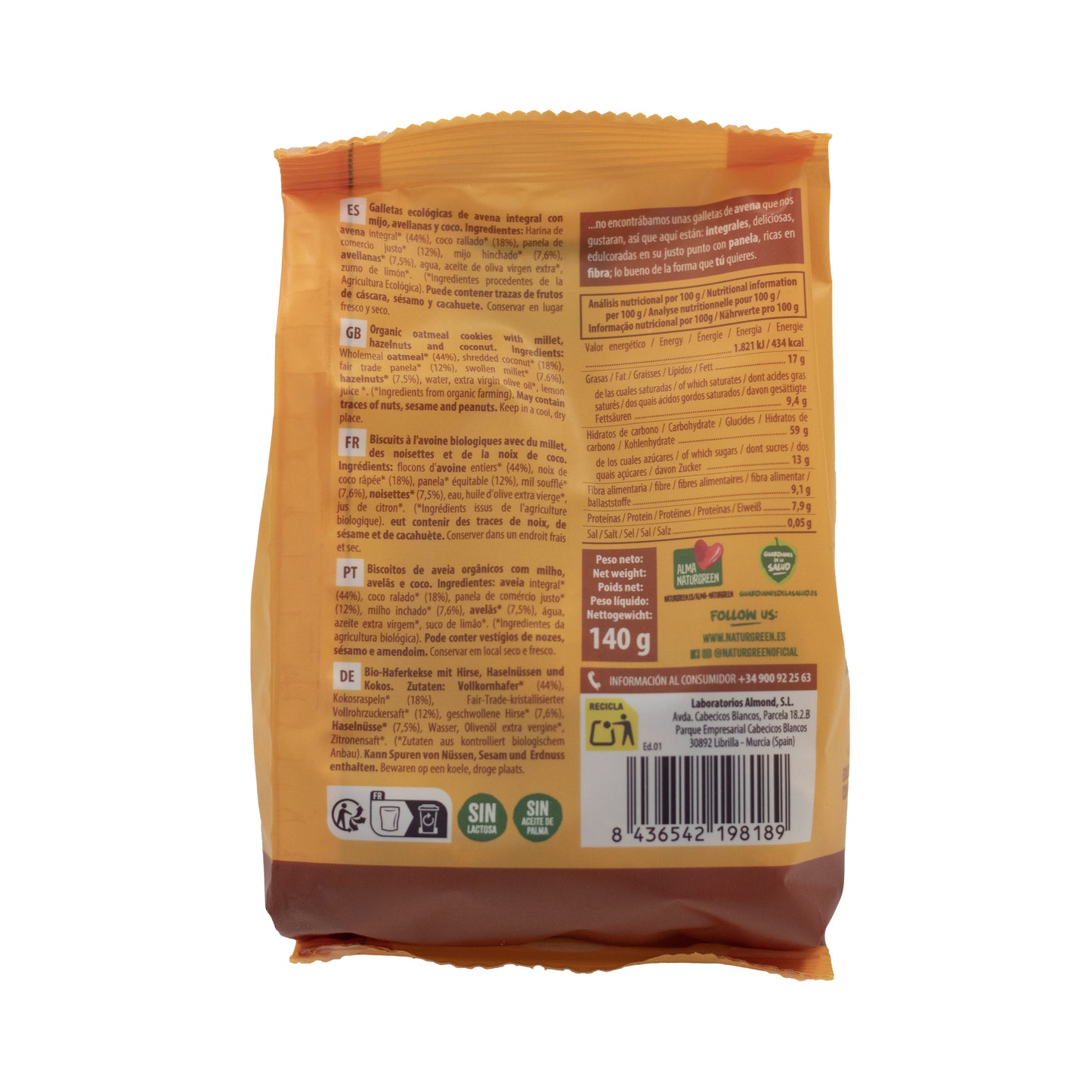 Galleta de Avena Integral con mijo, avellanas y coco Bio 140g NaturGreen