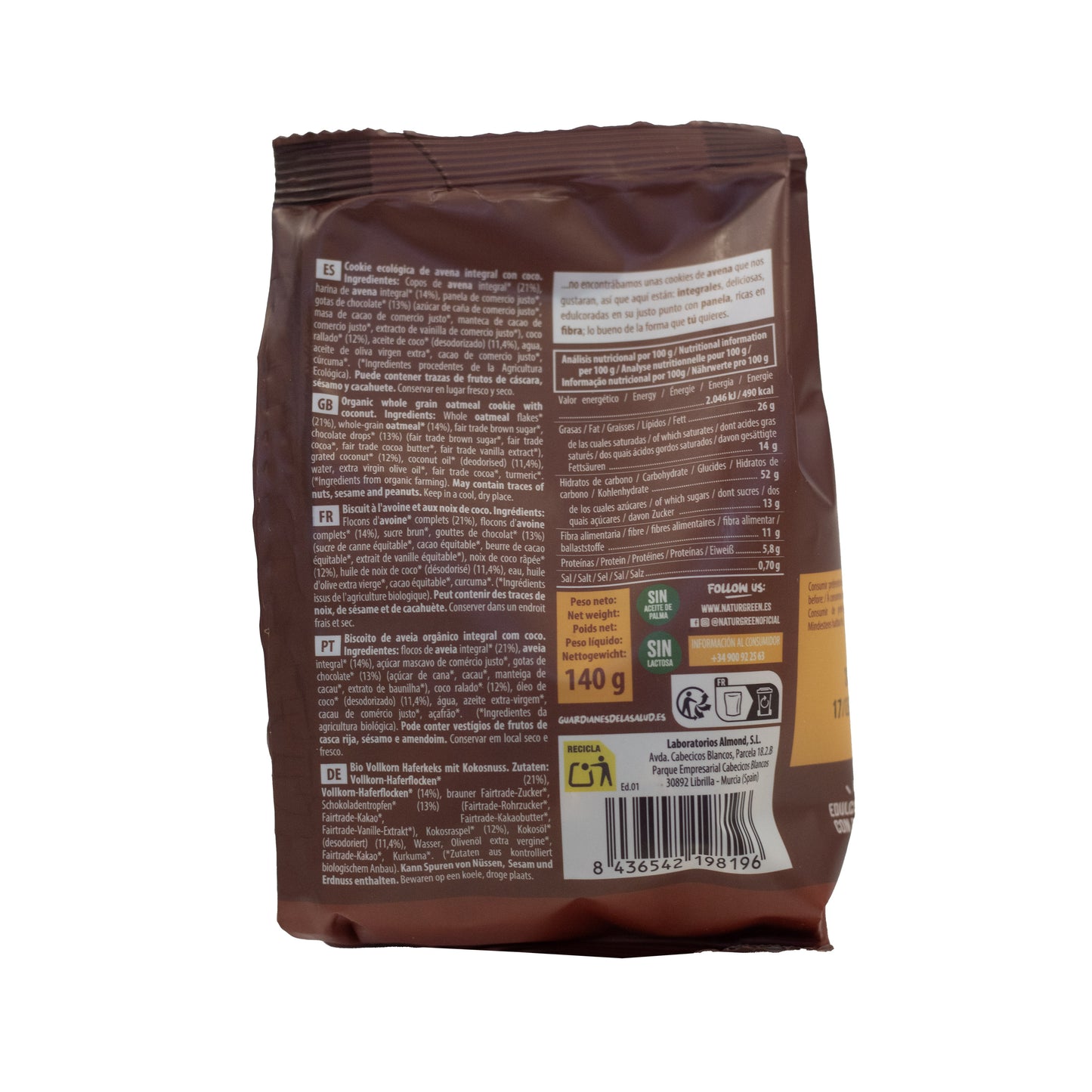 Pack 8x Cookie de Avena Integral con Coco Bio 140g NaturGreen