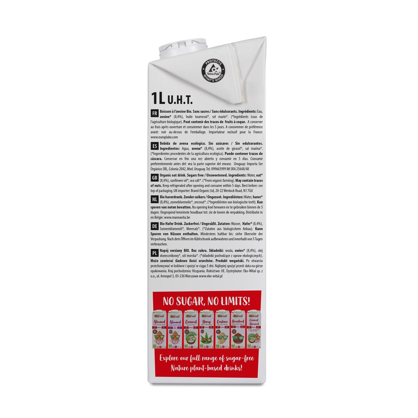 Pack 6x Bebida de Avena Nature Sin Azúcares Bio 1L Ecomil