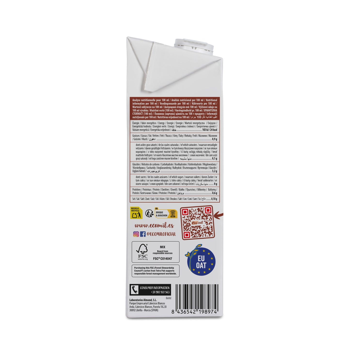 Pack 6x Bebida de Avena Nature Sin Azúcares Bio 1L Ecomil