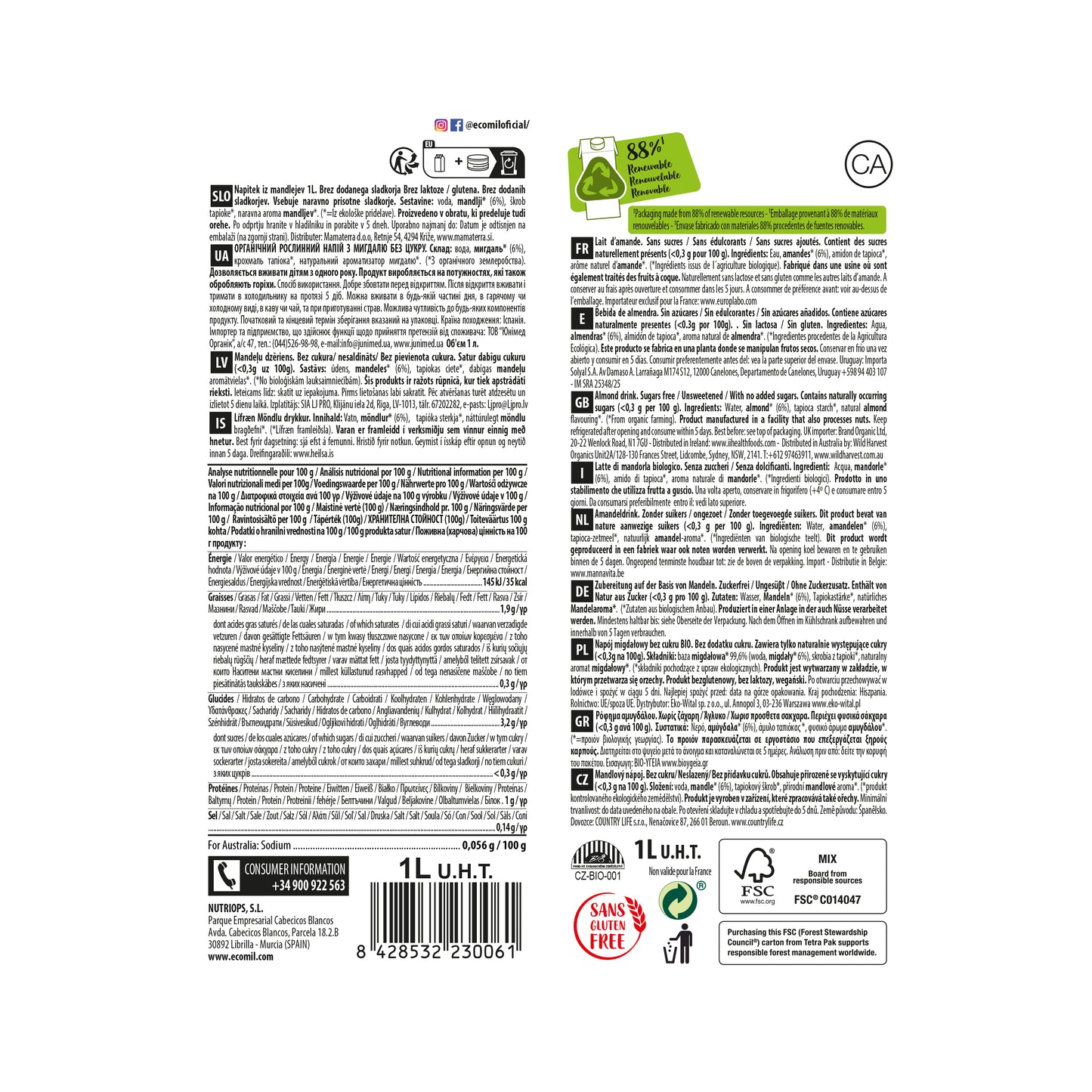 Bebida de Almendra Ecológica Nature 1L Ecomil