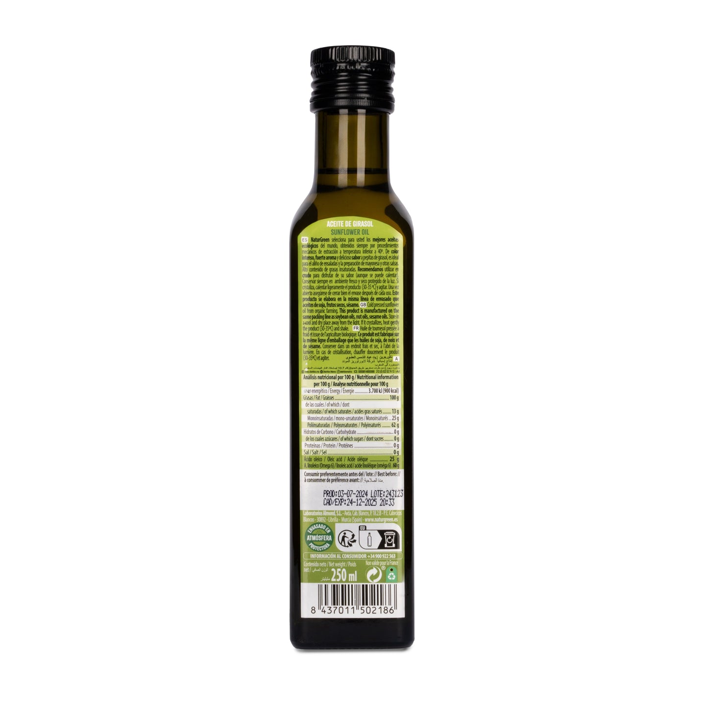 Pack 6x Aceite de Girasol Ecológico 250 ml NaturGreen
