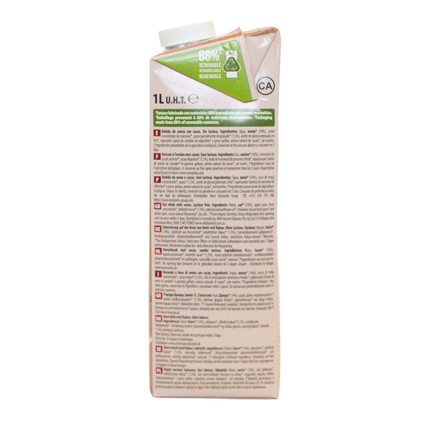 Pack 6x Bebida de Avena y Cacao Bio 1L NaturGreen