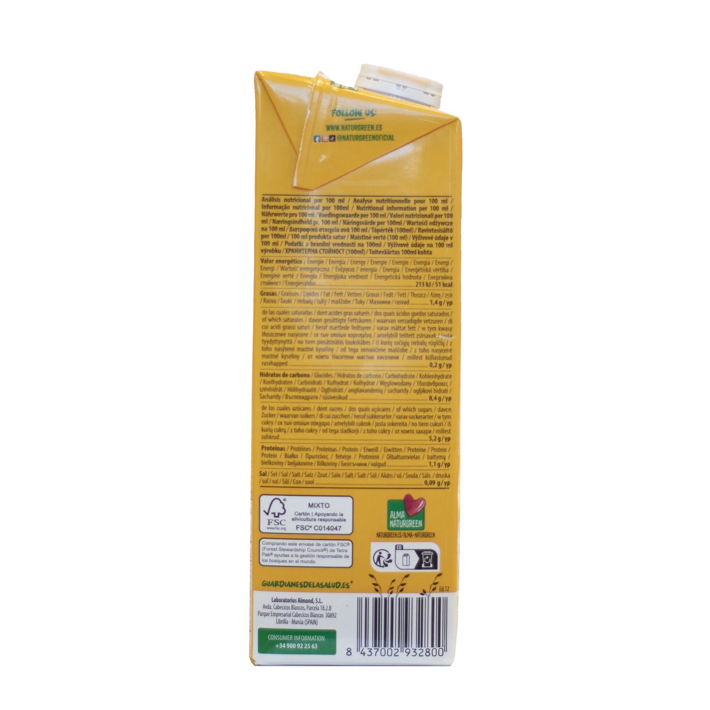 Pack 6x Bebida de Avena Ecológica Sin Azúcares Añadidos 1L NaturGreen