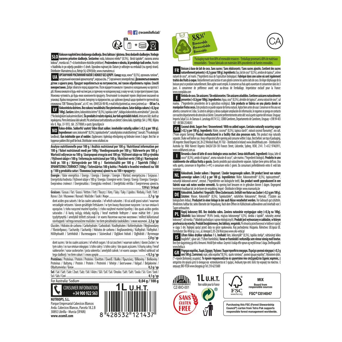 Bebida de Coco Ecológica Nature 1L Ecomil