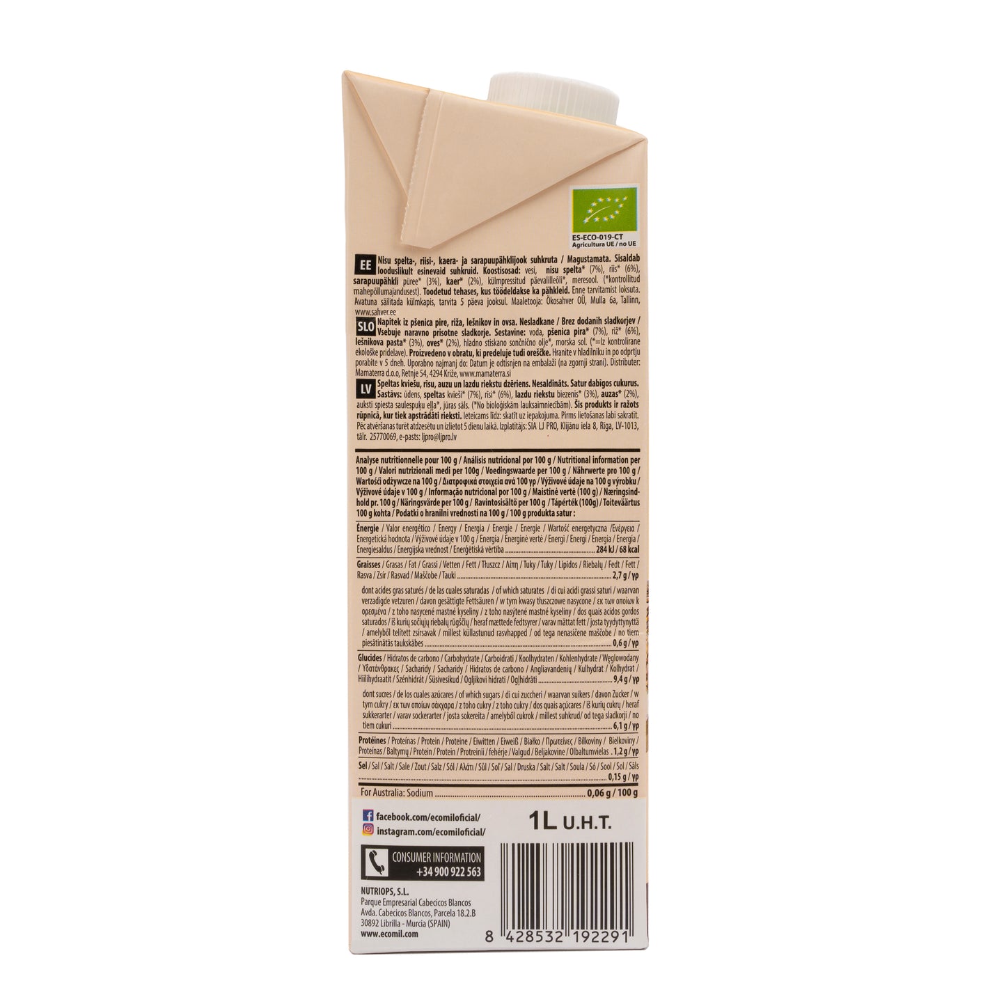 Bebida de Espelta con Arroz, Avellana y Avena Bio 1L Ecomil