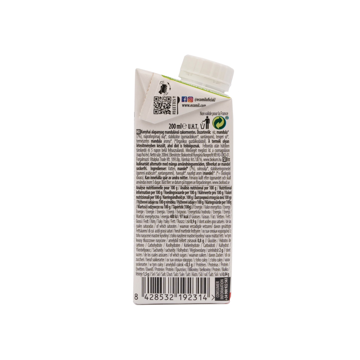 Crema de Almendra para cocinar ecológica 200 ml Ecomil Cuisine