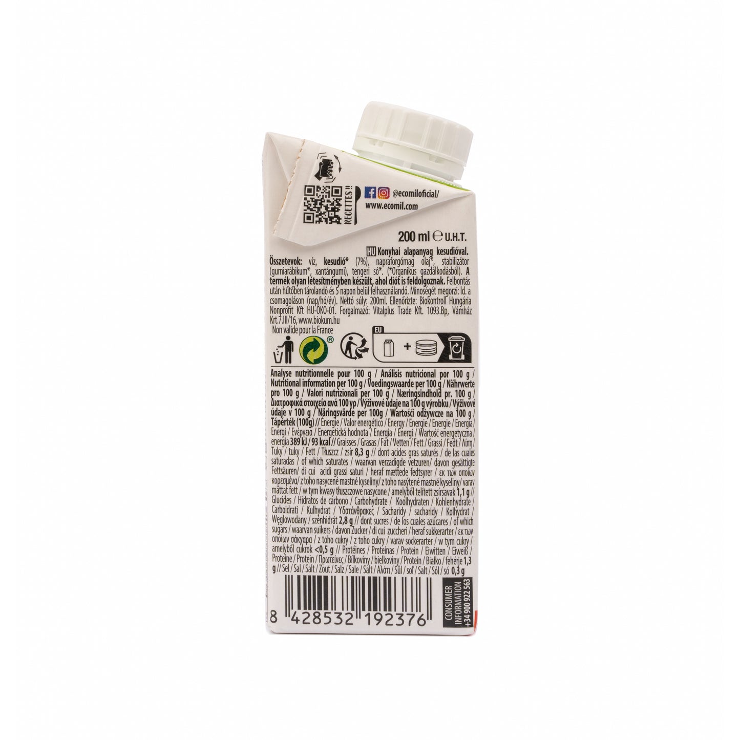 Pack 24x Nata ecológica para cocinar de Anacardos 200 ml. EcoMil Cuisine
