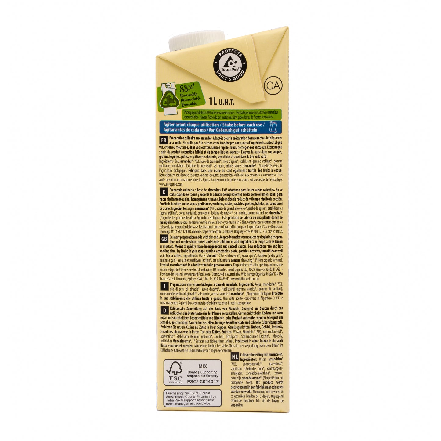 Pack 6x Nata ecológica para cocinar de Almendra 1 L. EcoMil Cuisine