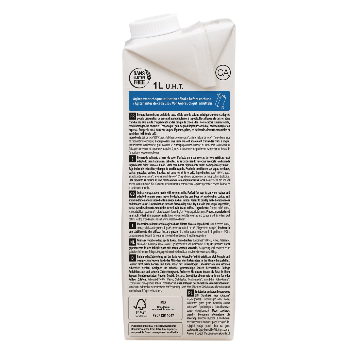 Pack 6x Leche de Coco Bio para Cocinar 1L Ecomil