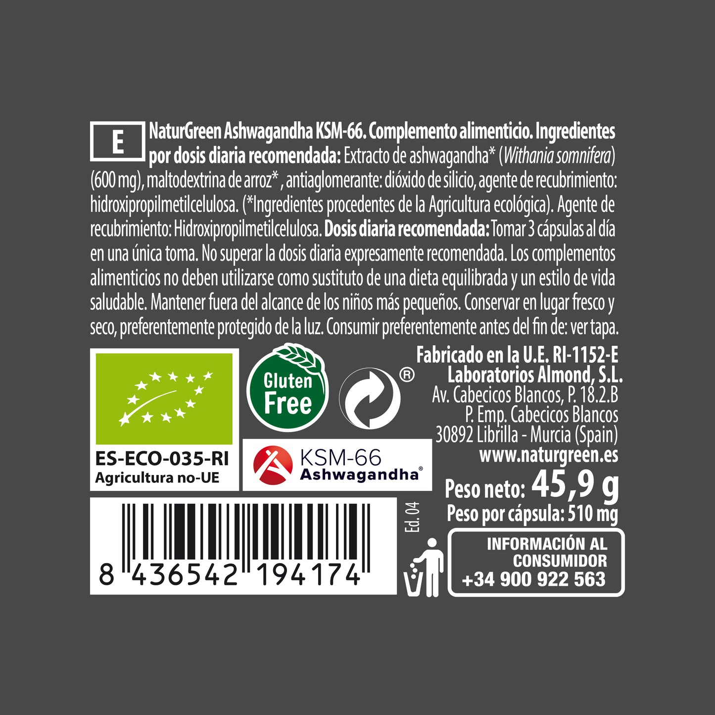 Ashwagandha KSM-66 Bio 90 cápsulas Naturgreen Experience