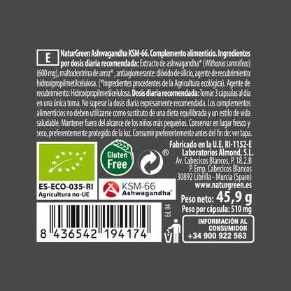 Ashwagandha KSM-66 Bio 90 cápsulas Naturgreen Experience