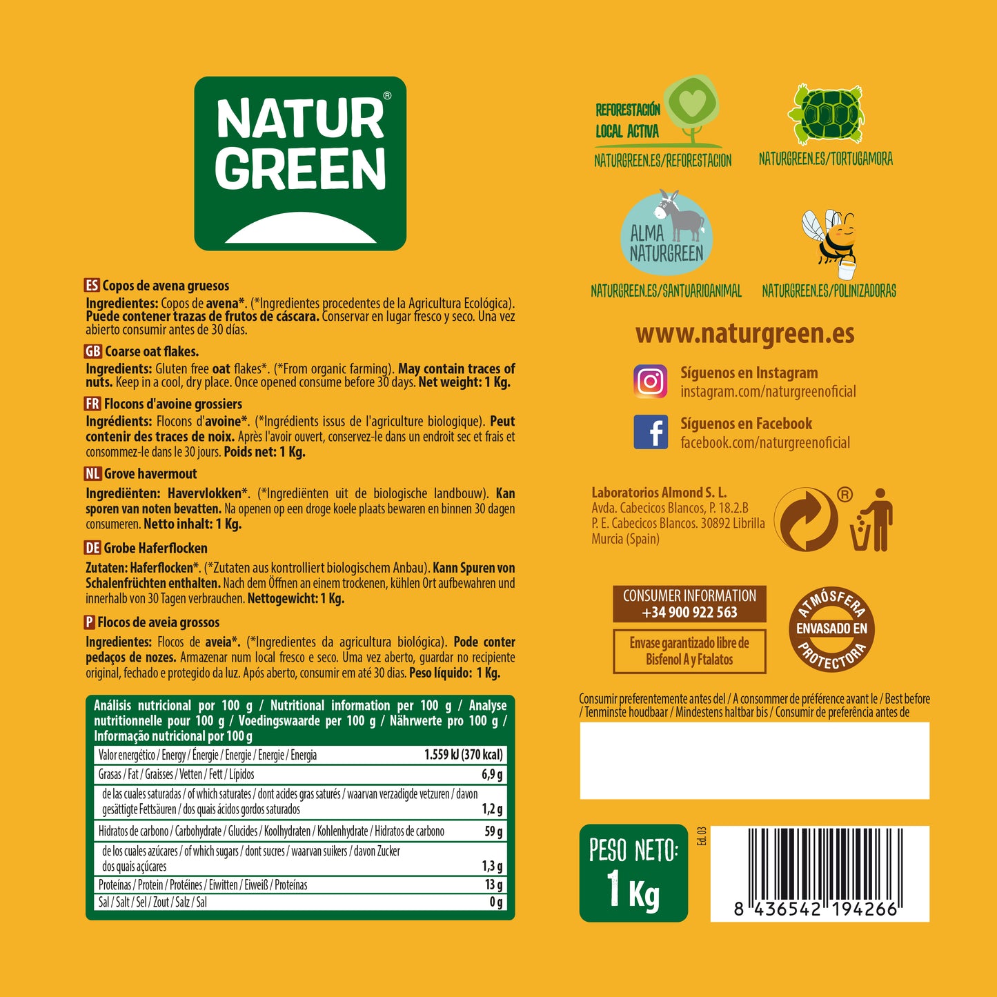 Copos de Avena Gruesos Bio1kg NaturGreen