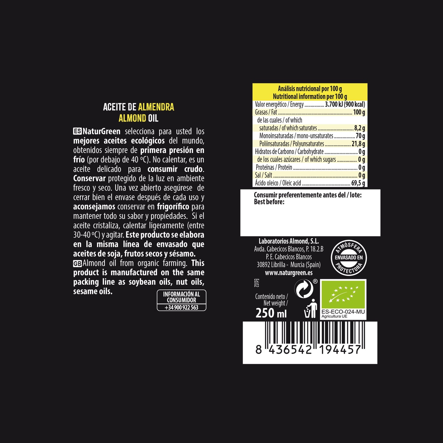 Pack 6x Aceite de Almendra Ecológico 250 ml NaturGreen