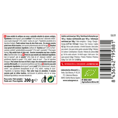 Crema de Avellanas con Cacao Bio Reducida de Azúcares NaturGreen