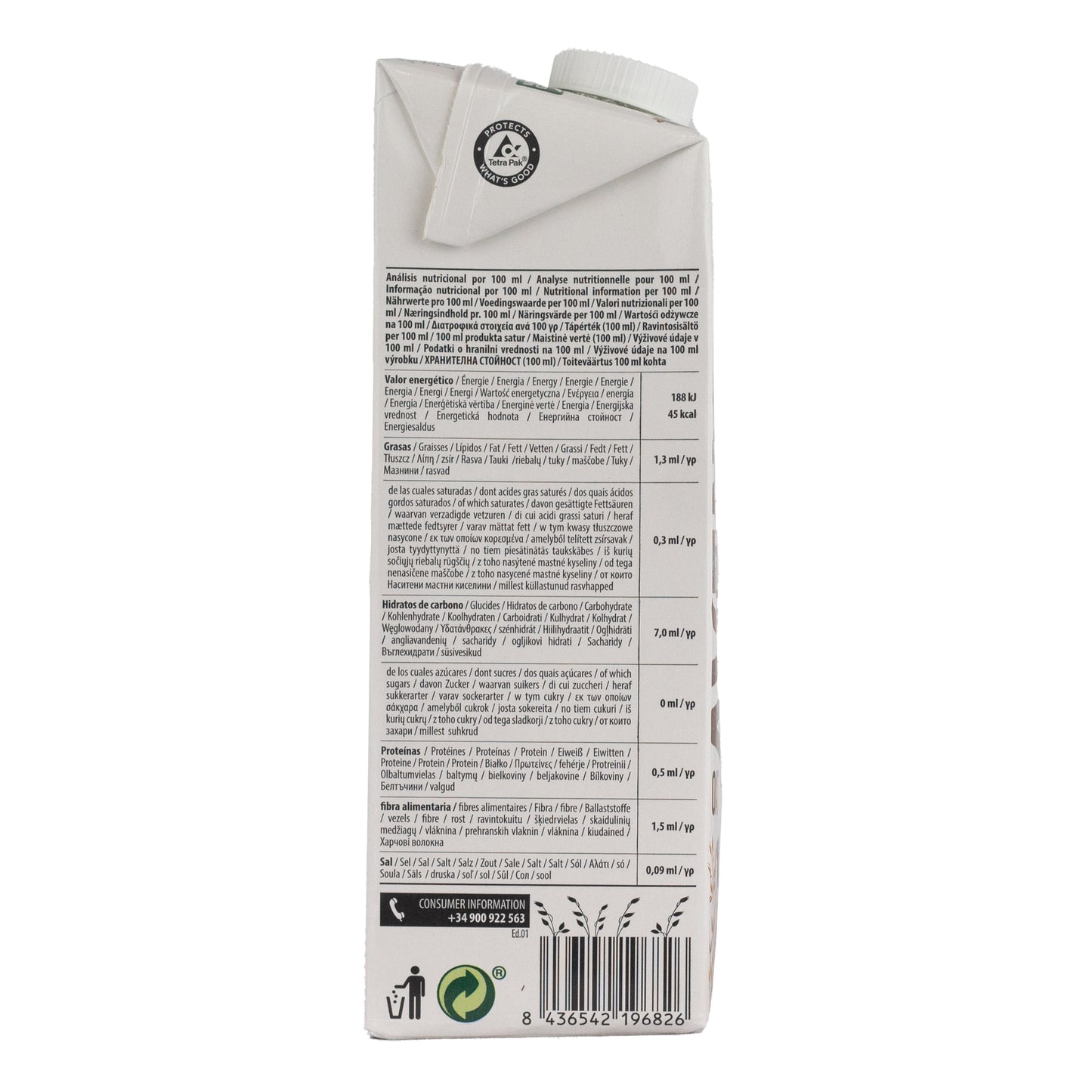 Pack 6x Bebida de Avena Integral 0% Azúcares Bio 1L NaturGreen