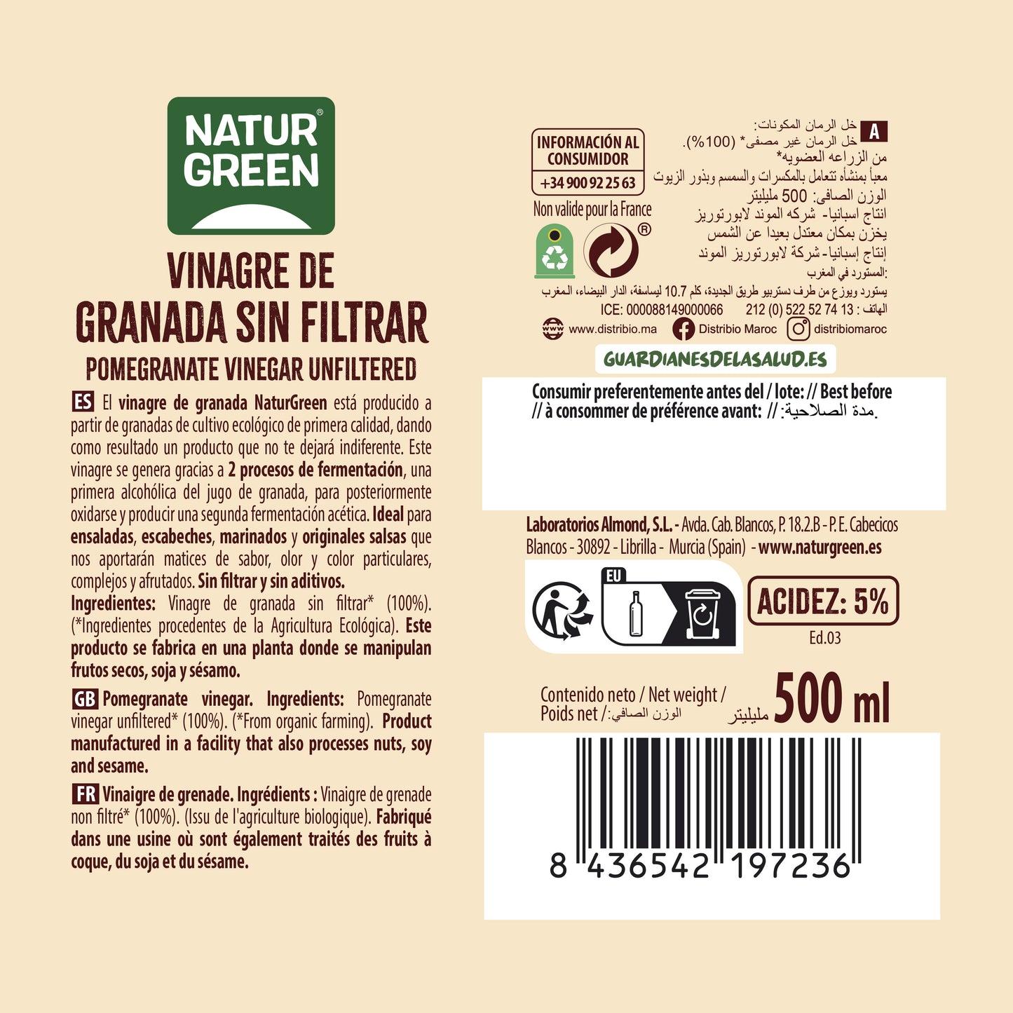 Vinagre de granada sin filtrar Bio 500ml Naturgreen
