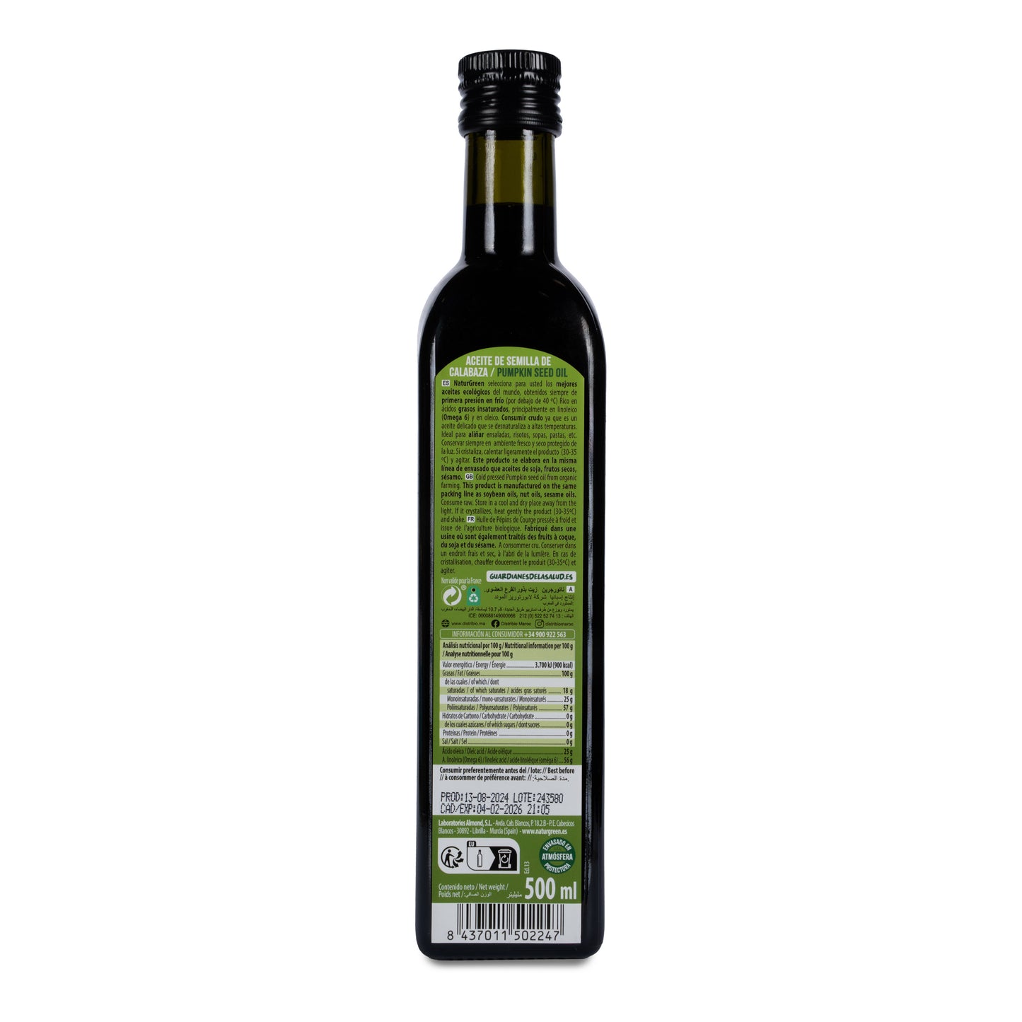 Pack 6x Aceite de Semillas de Calabaza Ecológico 500 ml NaturGreen