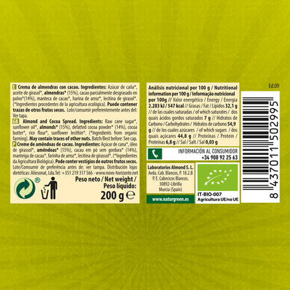 Crema de Almendras y  Cacao Ecológica 200g NaturGreen