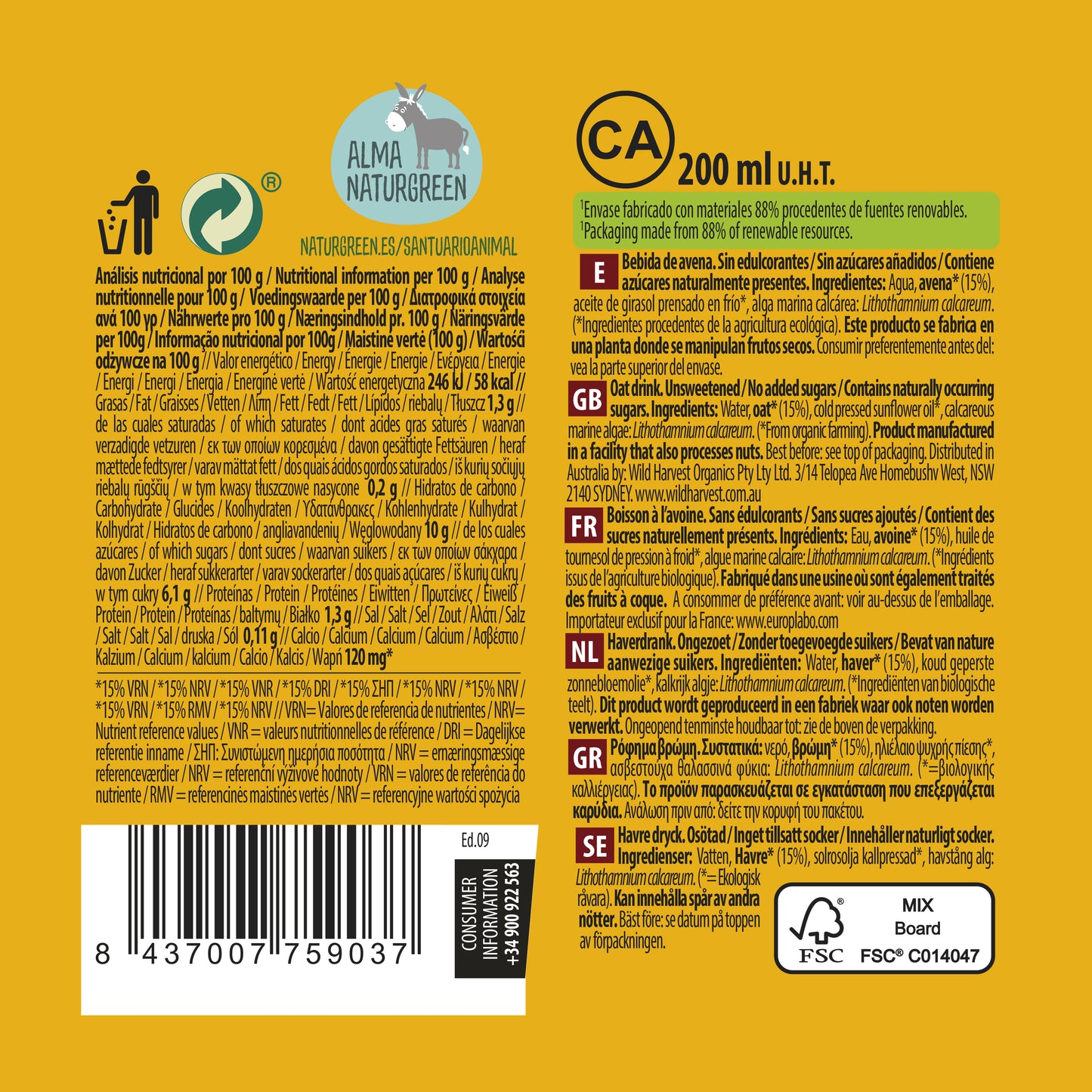 Bebida de Avena Sin Azúcares Añadidos Bio 200 ml NaturGreen