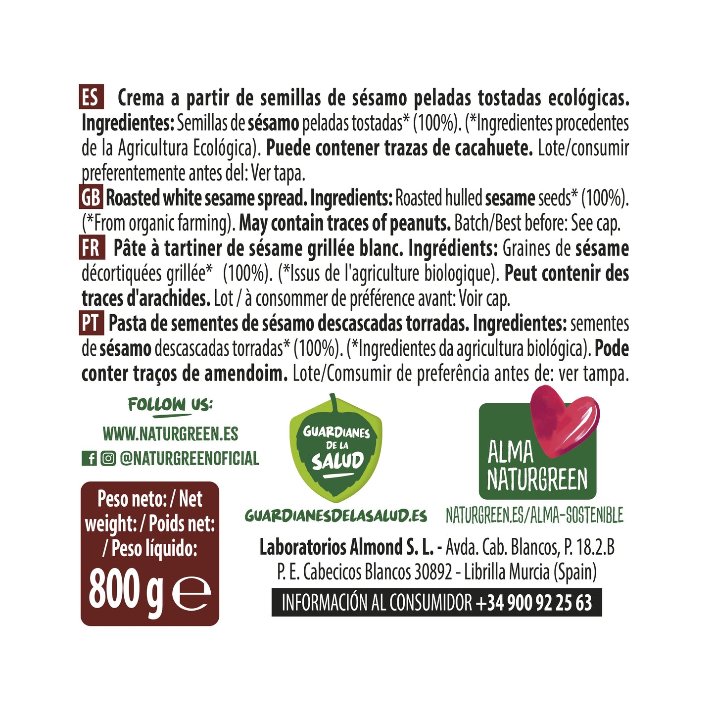 Pack 6x Tahín de Sésamo Ecológico 800g NaturGreen