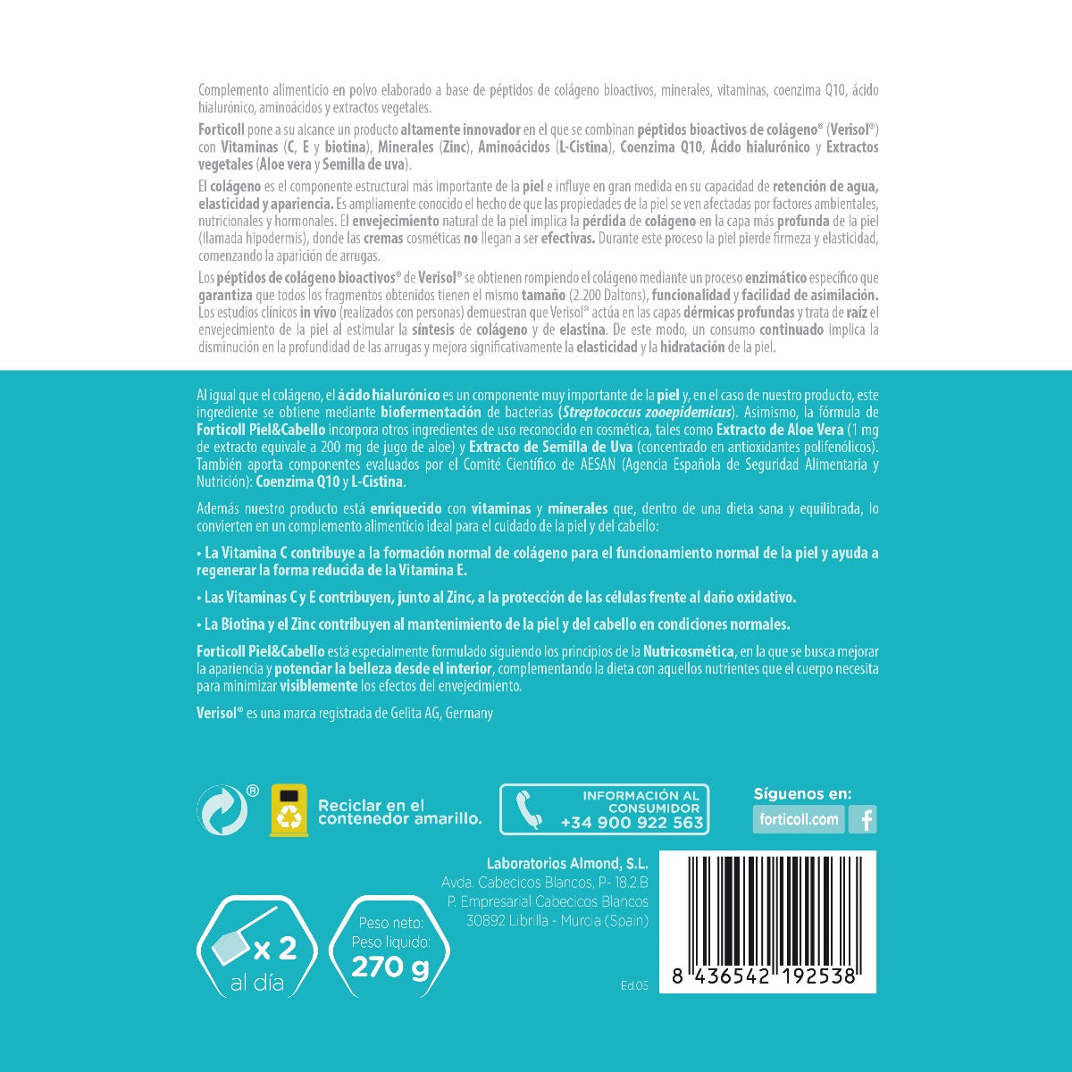 Pack 6x Colágeno BioActivo Piel y Cabello 270 g Forticoll